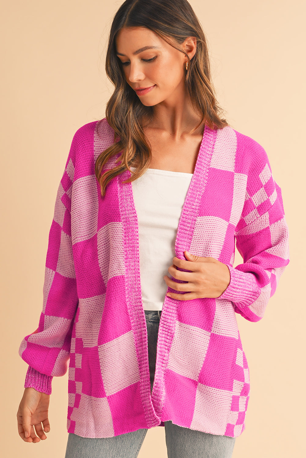 Blue Zone Planet | Rose Red Checkered Printed Ribbed Trim Open Front Cardigan-Cardigans-[Adult]-[Female]-2022 Online Blue Zone Planet