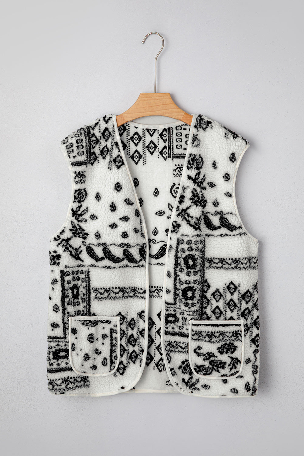 Beige Sherpa Paisley Print Pocketed Western Fashion Vest Jacket-TOPS / DRESSES-[Adult]-[Female]-2022 Online Blue Zone Planet