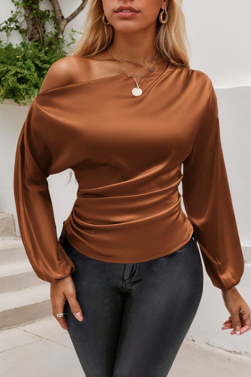 Drawstring One Shoulder Long Sleeve Blouse-TOPS / DRESSES-[Adult]-[Female]-2022 Online Blue Zone Planet