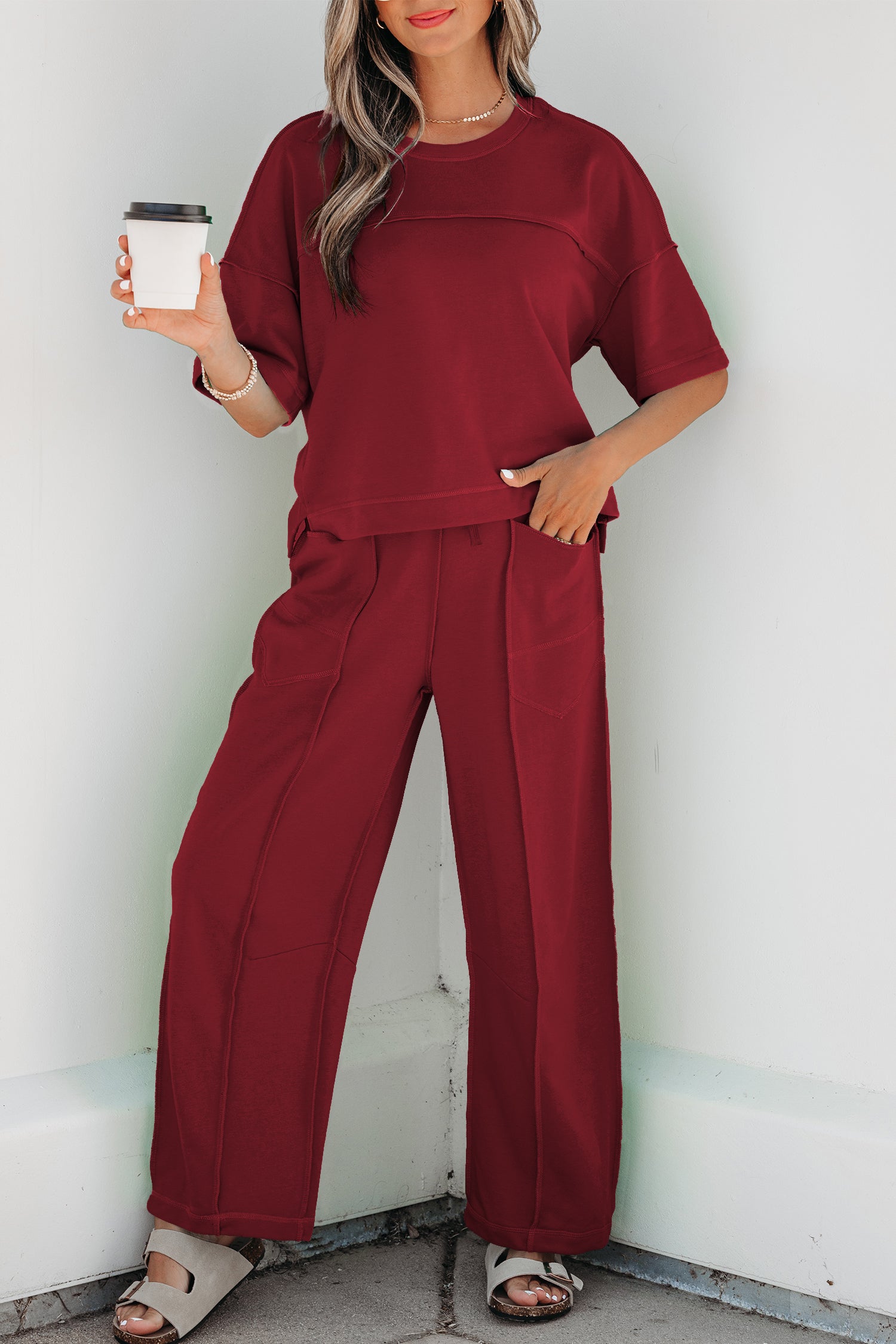 Racing Red Drop Shoulder Boxy Tee and Barrel Pants Set-Two Piece Sets/Pant Sets-[Adult]-[Female]-2022 Online Blue Zone Planet