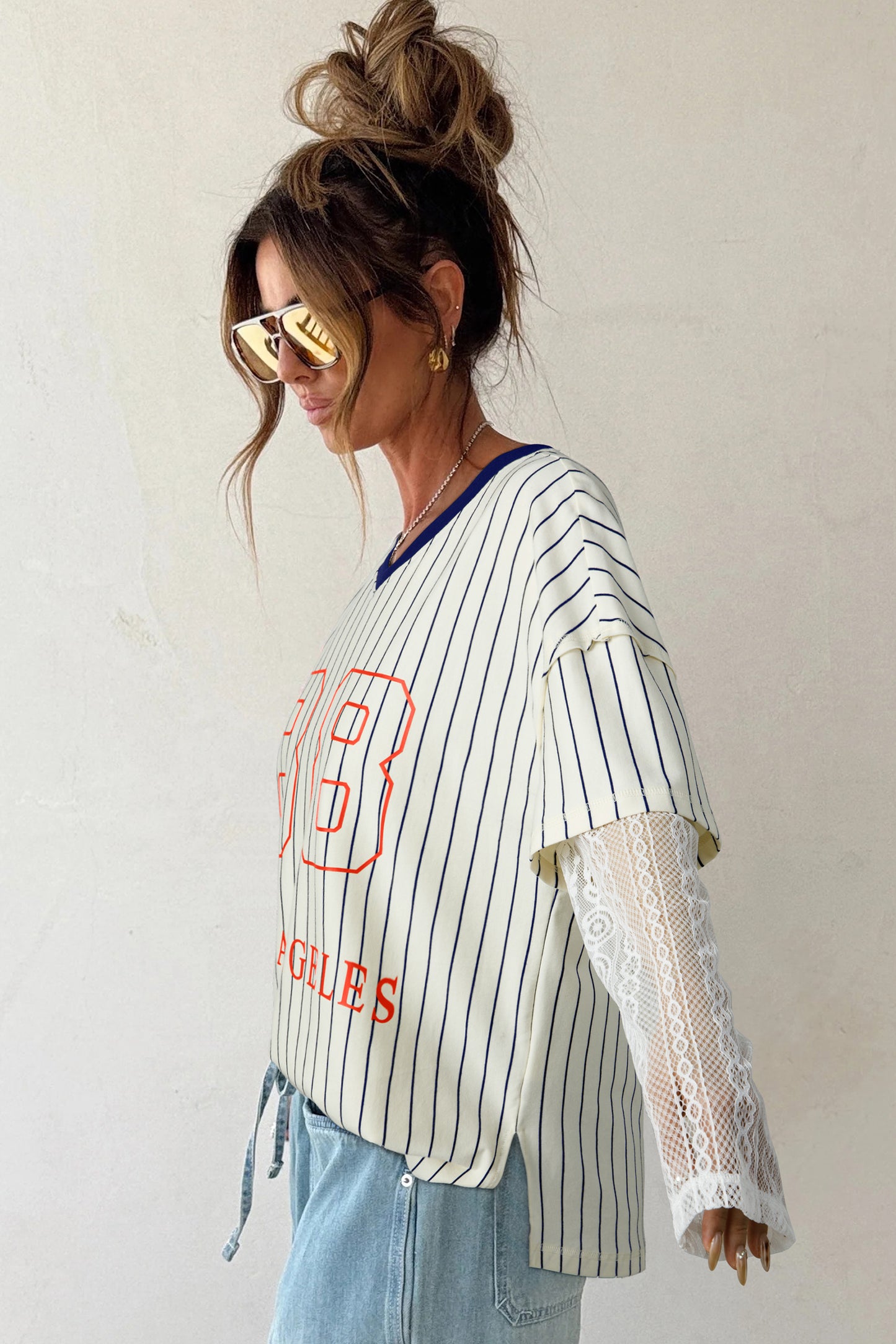 Blue Stripe 88 Los Angel Graphic Lace Patchwork Faux Two Piece V Neck Top-Tops/Long Sleeve Tops-[Adult]-[Female]-2022 Online Blue Zone Planet