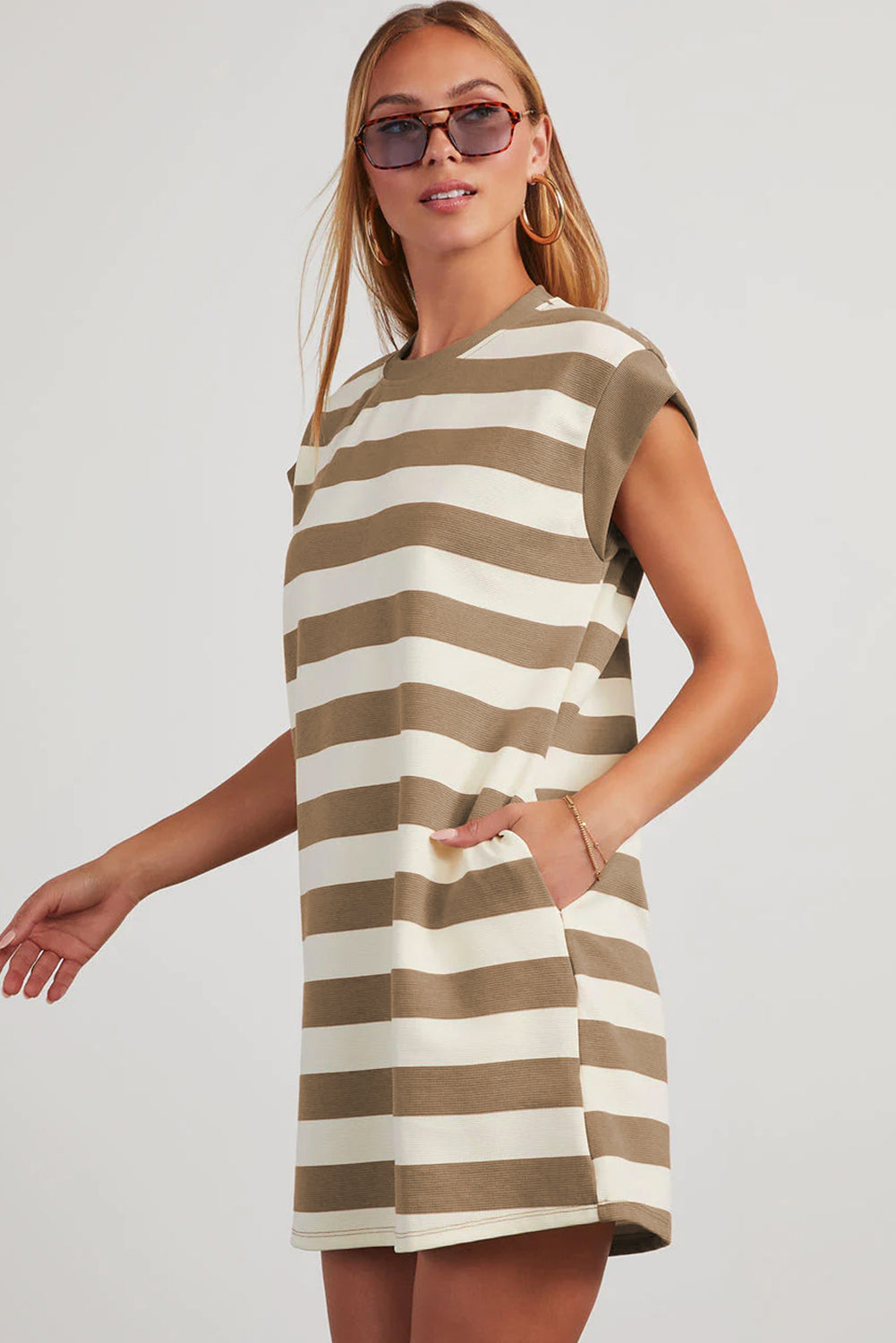 Khaki Stripe Cap Sleeve Shift T Shirt Dress-TOPS / DRESSES-[Adult]-[Female]-2022 Online Blue Zone Planet