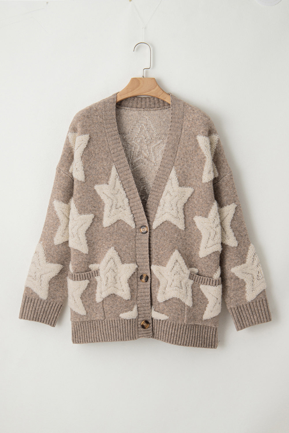 Blue Zone Planet | Pink Sherpa Star Pattern Textured Sweater Cardigan with Pockets-Sweaters & Cardigans/Cardigans-[Adult]-[Female]-2022 Online Blue Zone Planet