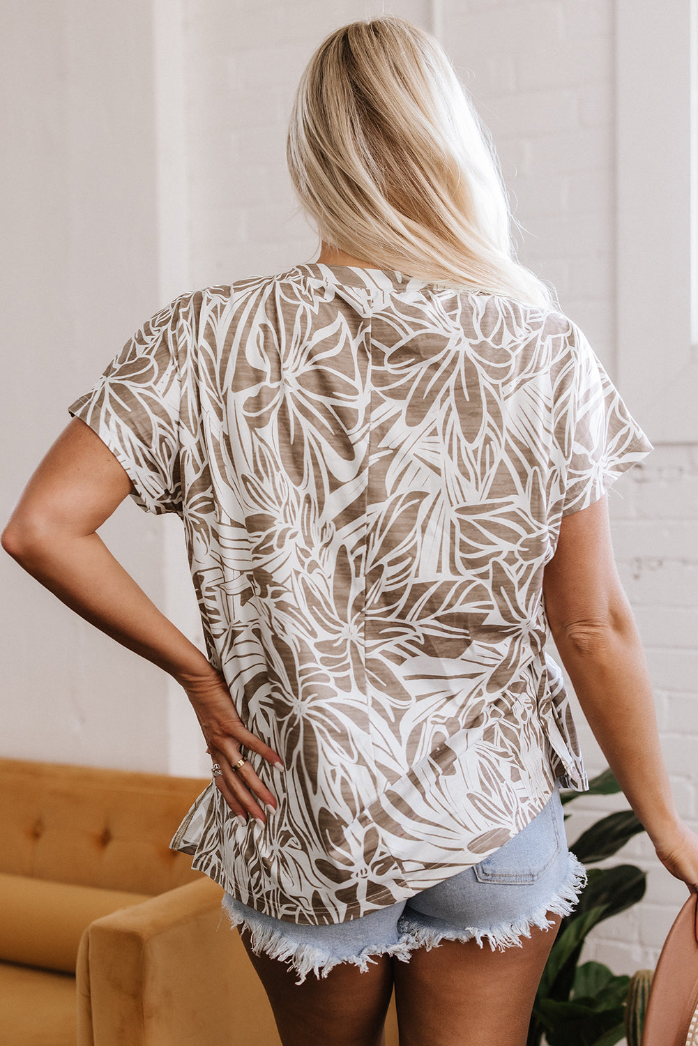 Khaki Floral Print V Neck Short Sleeve Loose Fit Blouse-Tops/Blouses & Shirts-[Adult]-[Female]-2022 Online Blue Zone Planet