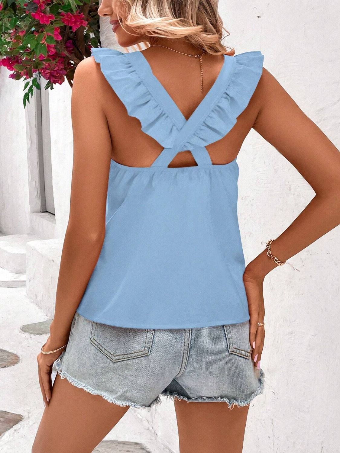 Crisscross Back Ruffled Round Neck Cap Sleeve Blouse-TOPS / DRESSES-[Adult]-[Female]-2022 Online Blue Zone Planet