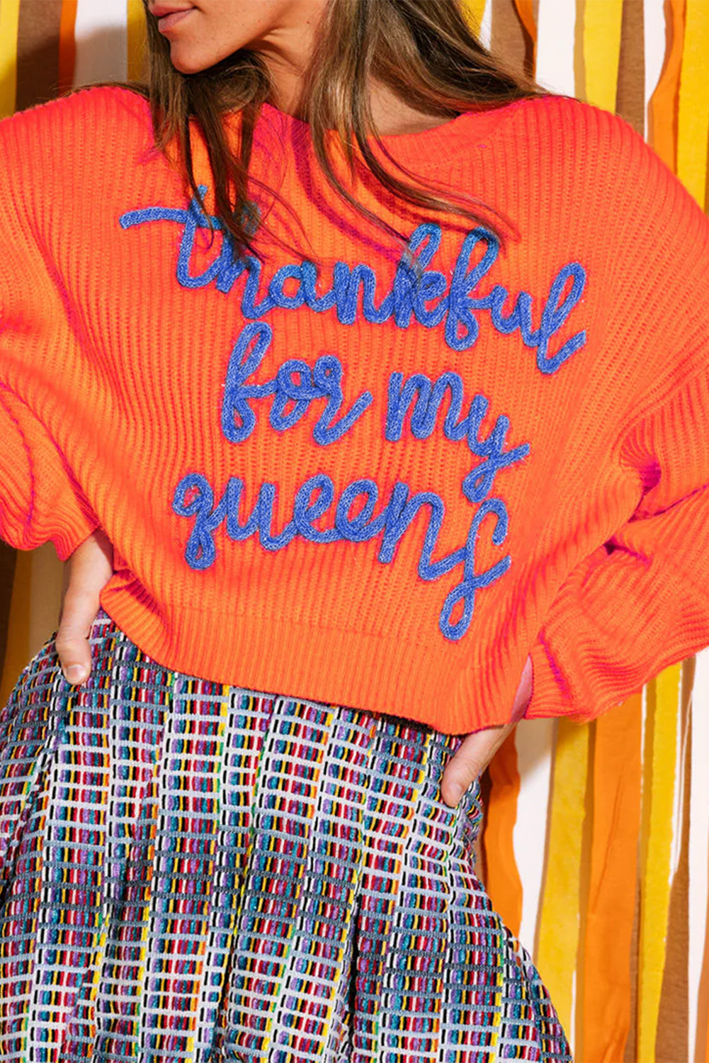 Vitality Orange Thankful for my queens Ribbed Knit Drop Shoulder Graphic Sweater-Sweaters & Cardigans/Sweaters-[Adult]-[Female]-Vitality Orange-S-2022 Online Blue Zone Planet