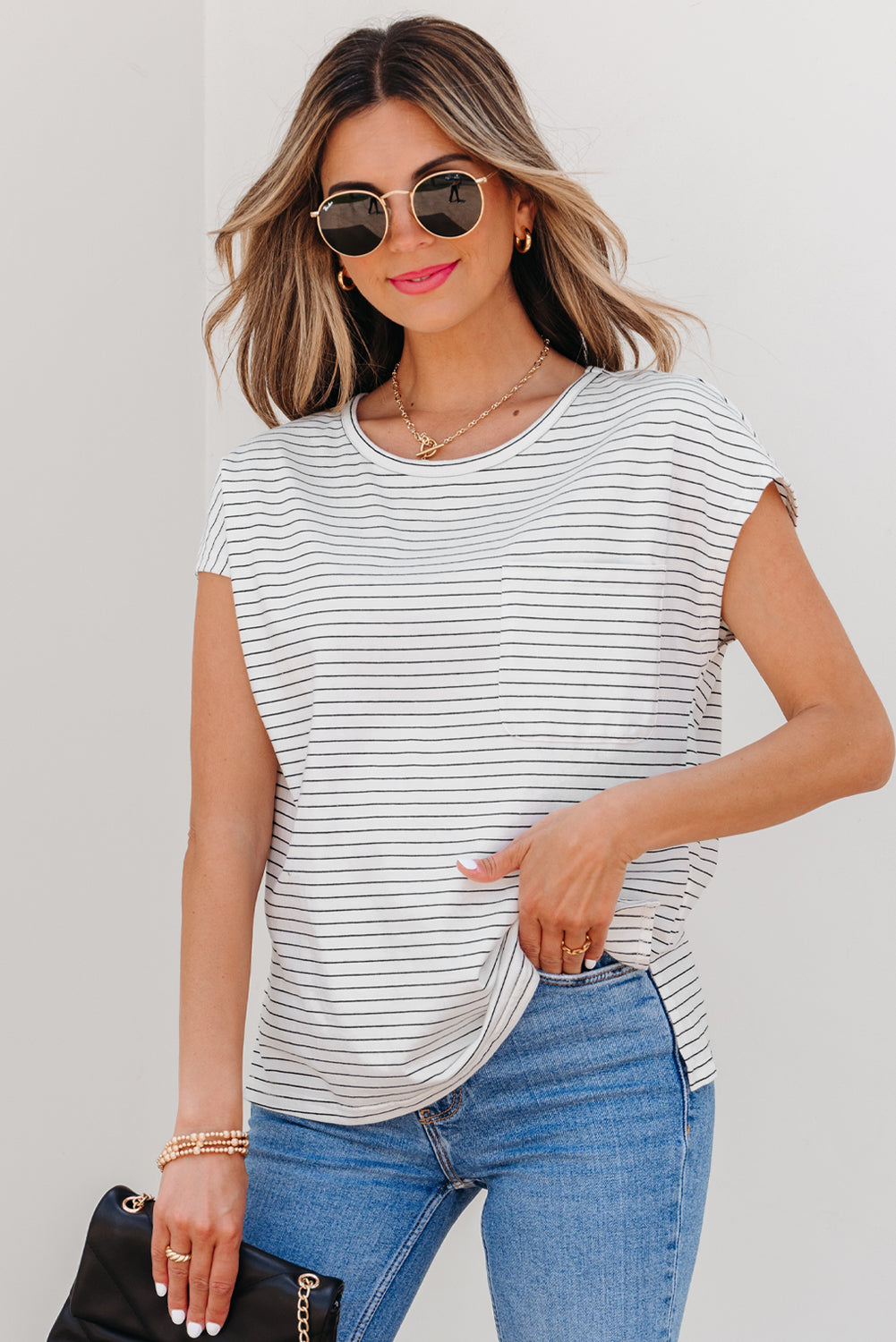 White Stripe Cap Sleeve Crew Neck Casual Tee with Chest Pocket-Tops/Tops & Tees-[Adult]-[Female]-White Stripe-S-2022 Online Blue Zone Planet