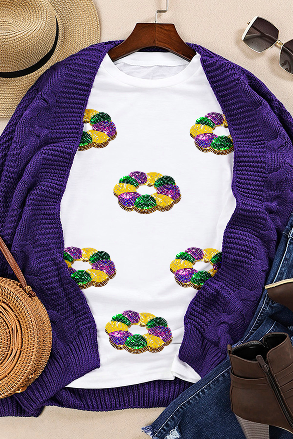 Black Sequined Mardi Gras Pattern Crew Neck Short Sleeve Top-Graphic/Graphic Tees-[Adult]-[Female]-2022 Online Blue Zone Planet