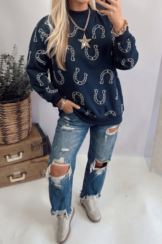 Blue Western Horseshoe Print Mock Neck Casual Pullover Sweatshirt-Tops/Sweatshirts & Hoodies-[Adult]-[Female]-Blue-S-2022 Online Blue Zone Planet