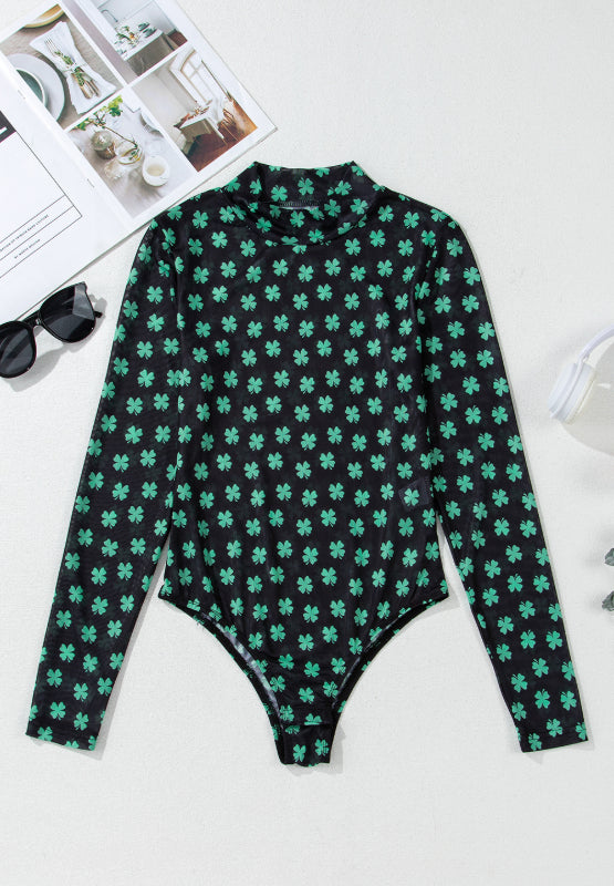 Lucky Clover Mock Neck Long Sleeve Bodysuit-TOPS / DRESSES-[Adult]-[Female]-2022 Online Blue Zone Planet