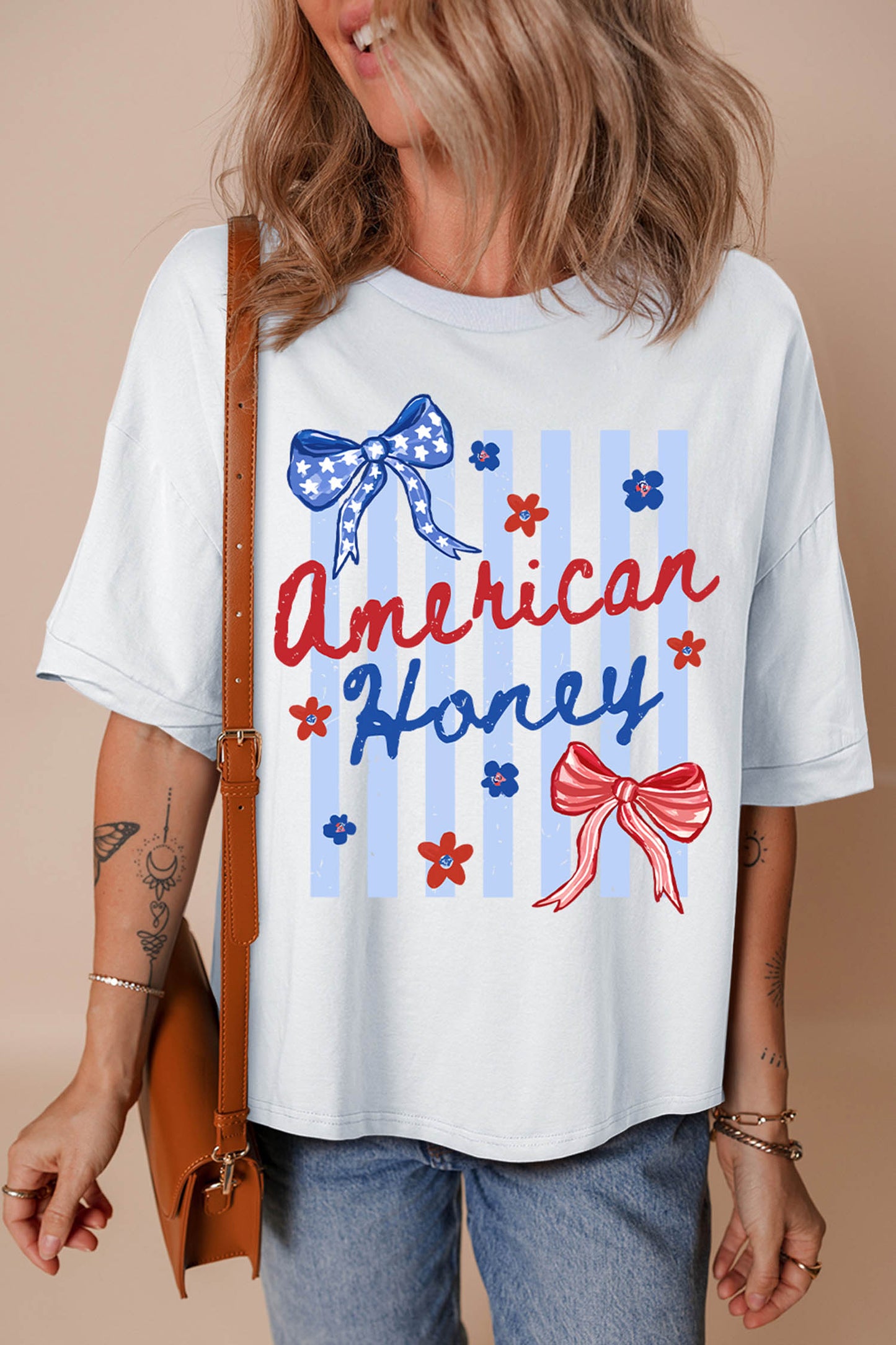 White American Honey Bow Flower Striped Graphic Tee-Graphic/Graphic Tees-[Adult]-[Female]-2022 Online Blue Zone Planet