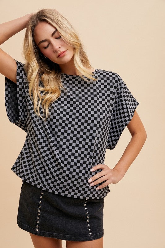 Annie Wear Checkered Round Neck Short Sleeve T-Shirt-TOPS / DRESSES-[Adult]-[Female]-2022 Online Blue Zone Planet