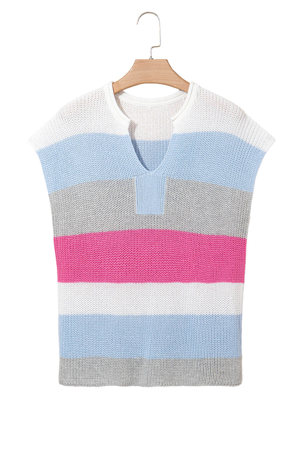 Light Blue Color Block Notch V Neck Sweater T Shirt-Sweaters & Cardigans/Short Sleeve Sweaters-[Adult]-[Female]-2022 Online Blue Zone Planet