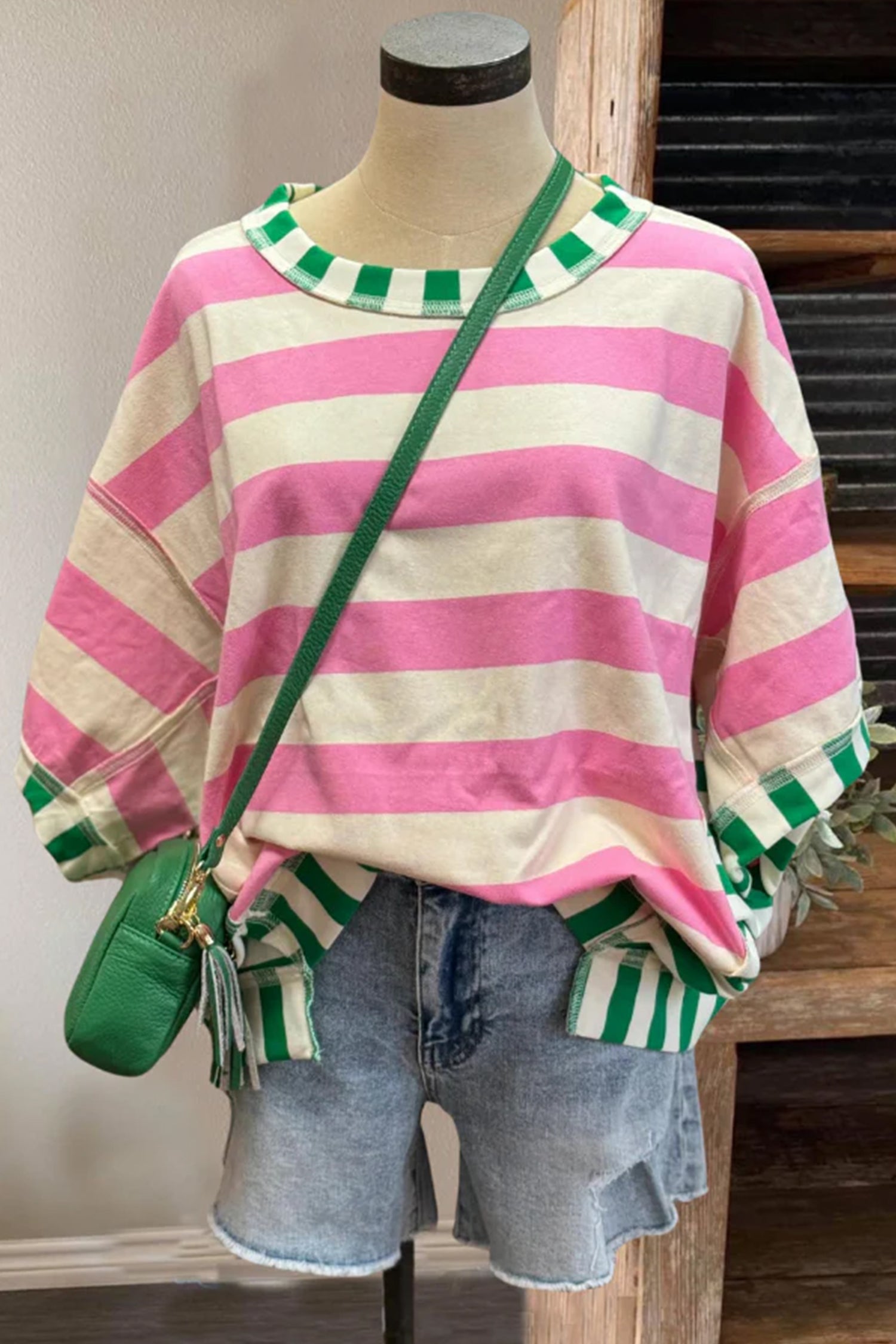 Pink Stripe Exposed Seam Contrast Patchwork Oversized Top-Tops/Tops & Tees-[Adult]-[Female]-2022 Online Blue Zone Planet