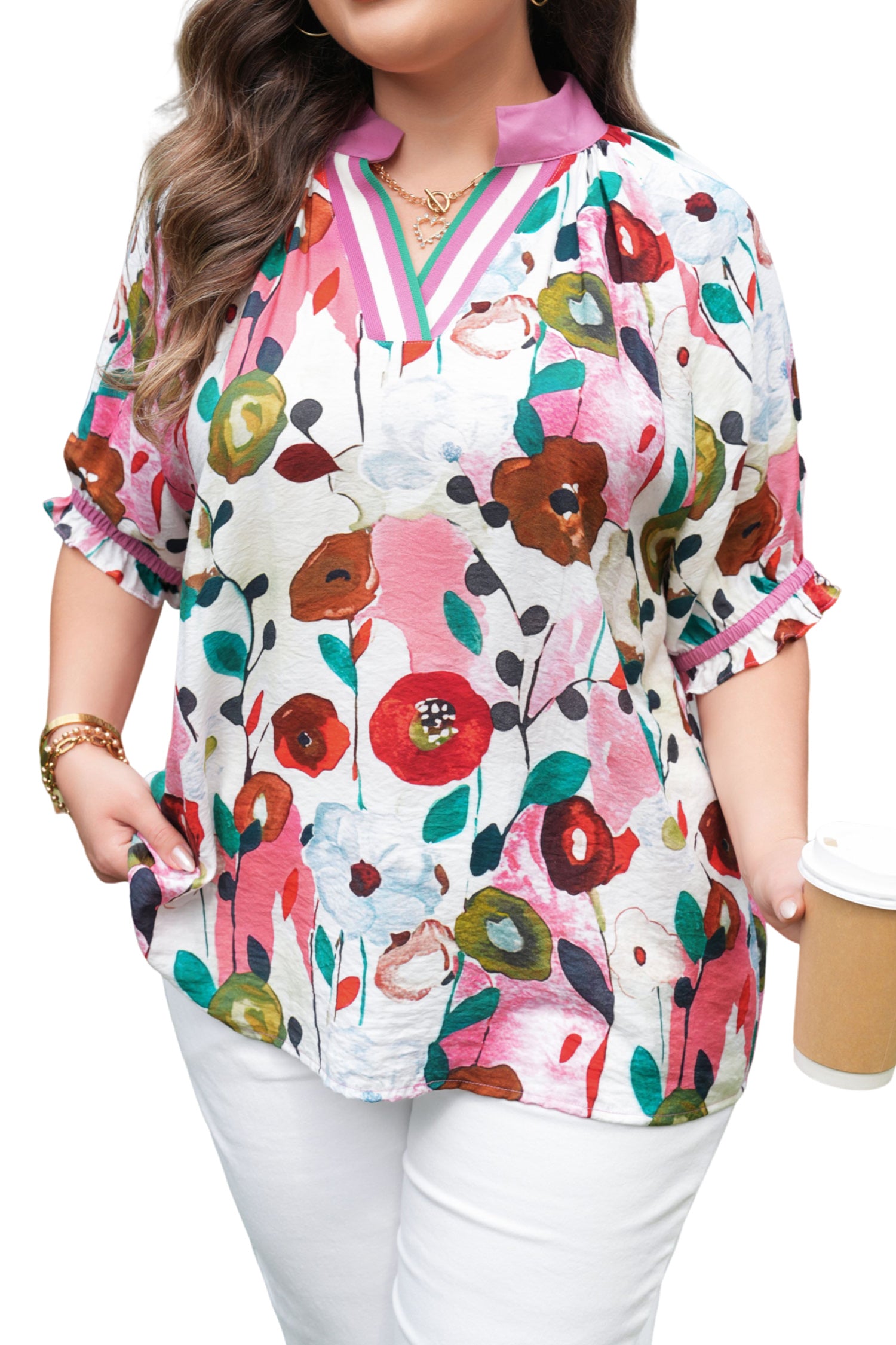 Pink V Neck Short Puff Sleeve Plus Size Floral Blouse-Plus Size/Plus Size Tops/Plus Size Blouses & Shirts-[Adult]-[Female]-2022 Online Blue Zone Planet