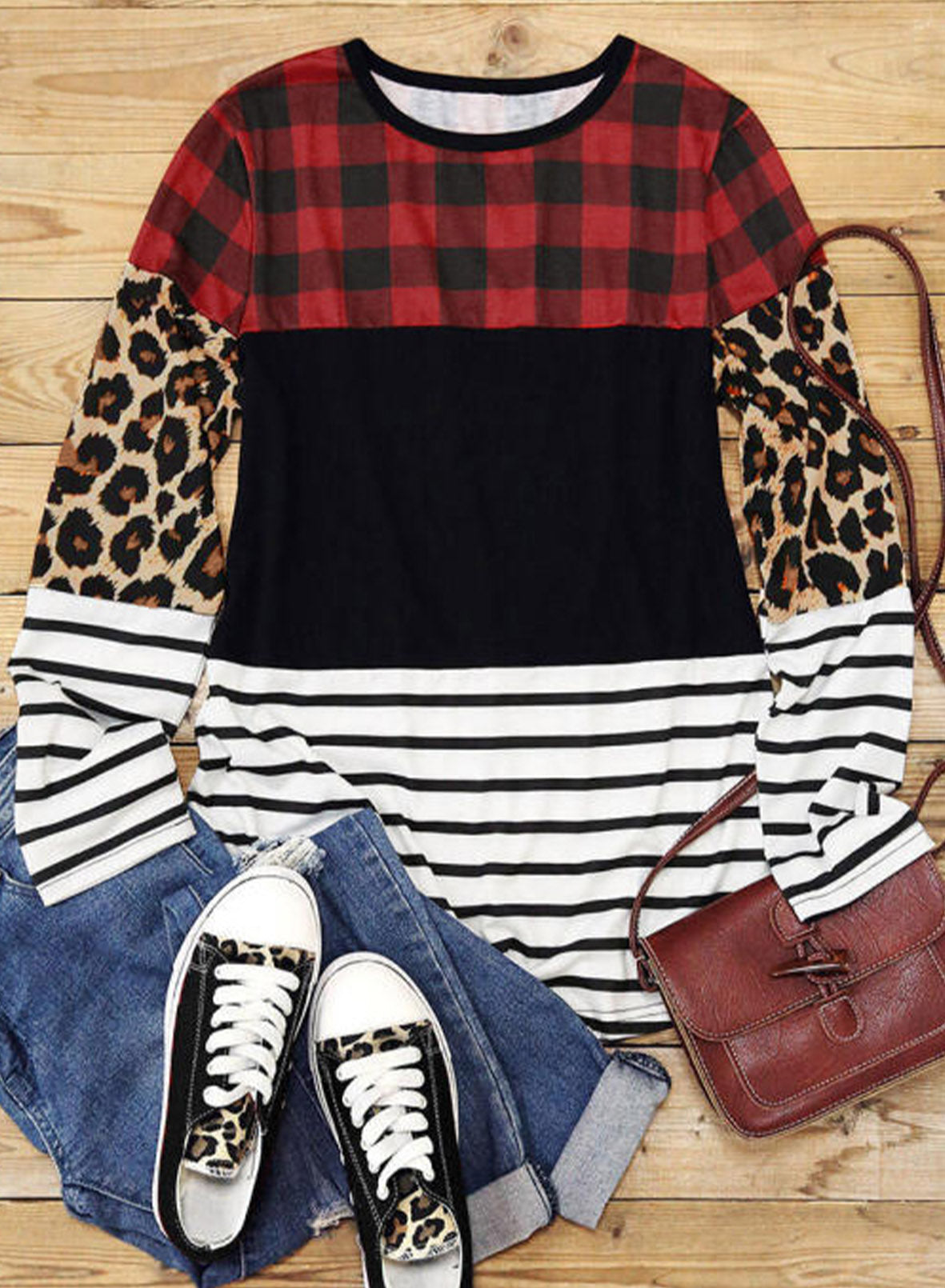 Plaid Print Leopard Splicing Striped Color Block Long Sleeve Top-Sale (50% OFF)/$1.99 SALE-[Adult]-[Female]-2022 Online Blue Zone Planet