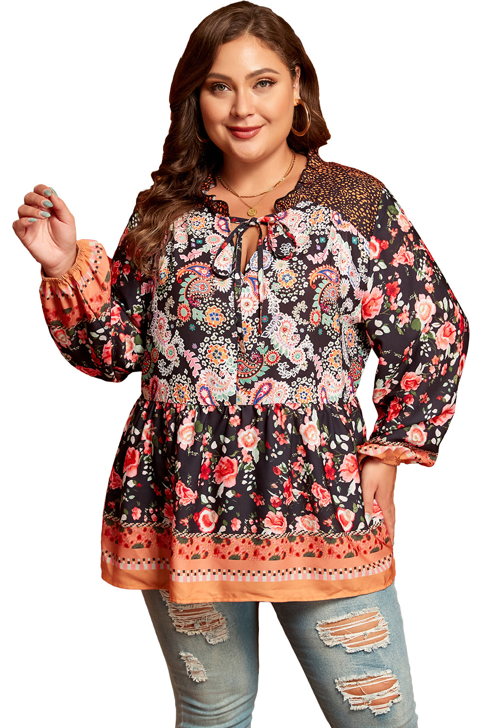 Blue Zone Planet | Black Plus Size Paisley Floral Print V Neck Bubble Sleeve Blouse-Plus Size/Plus Size Tops/Plus Size Blouses & Shirts-[Adult]-[Female]-2022 Online Blue Zone Planet