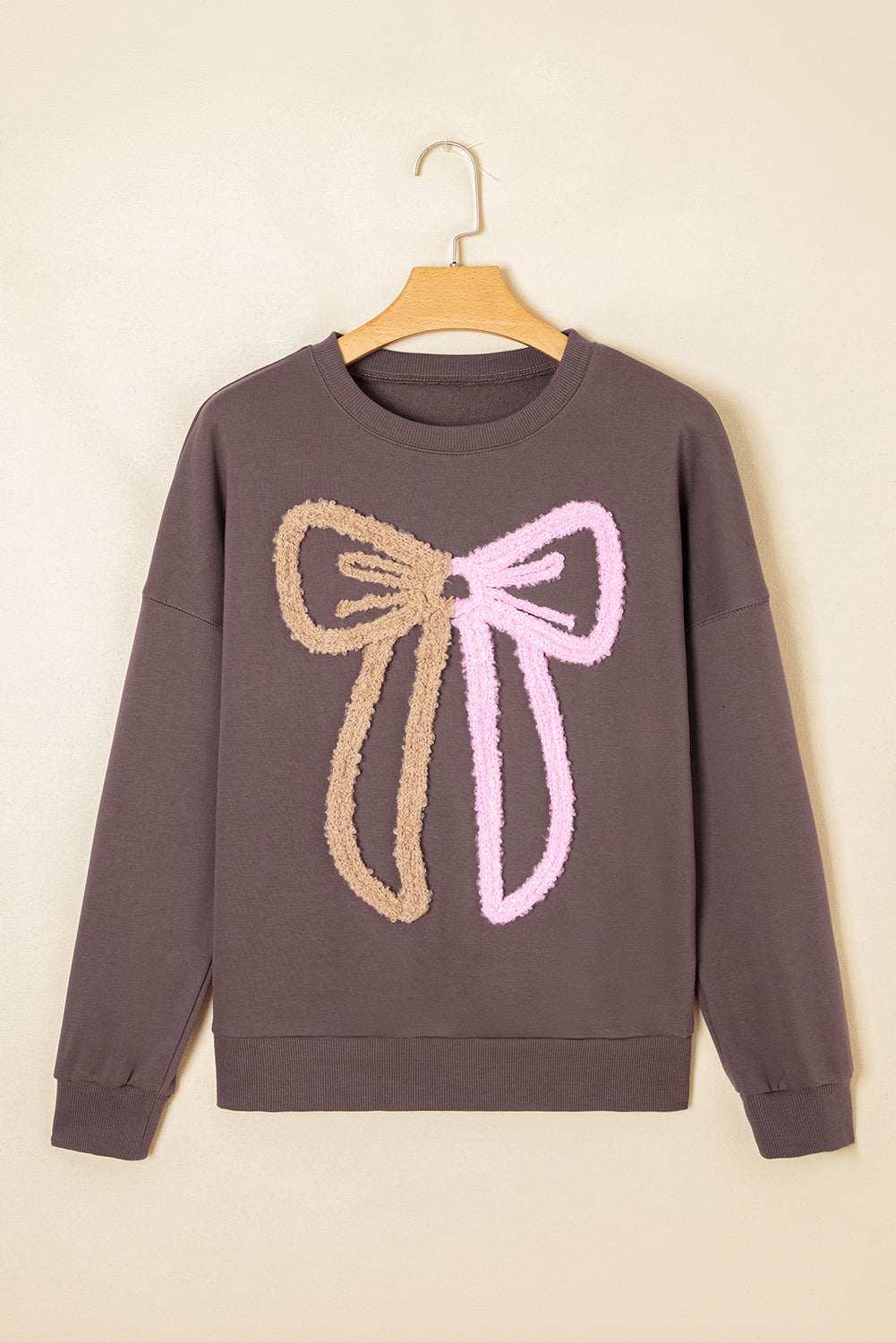 Dark Khaki Contrast Terry Bow Pattern Drop Shoulder Sweatshirt-Tops/Sweatshirts & Hoodies-[Adult]-[Female]-2022 Online Blue Zone Planet