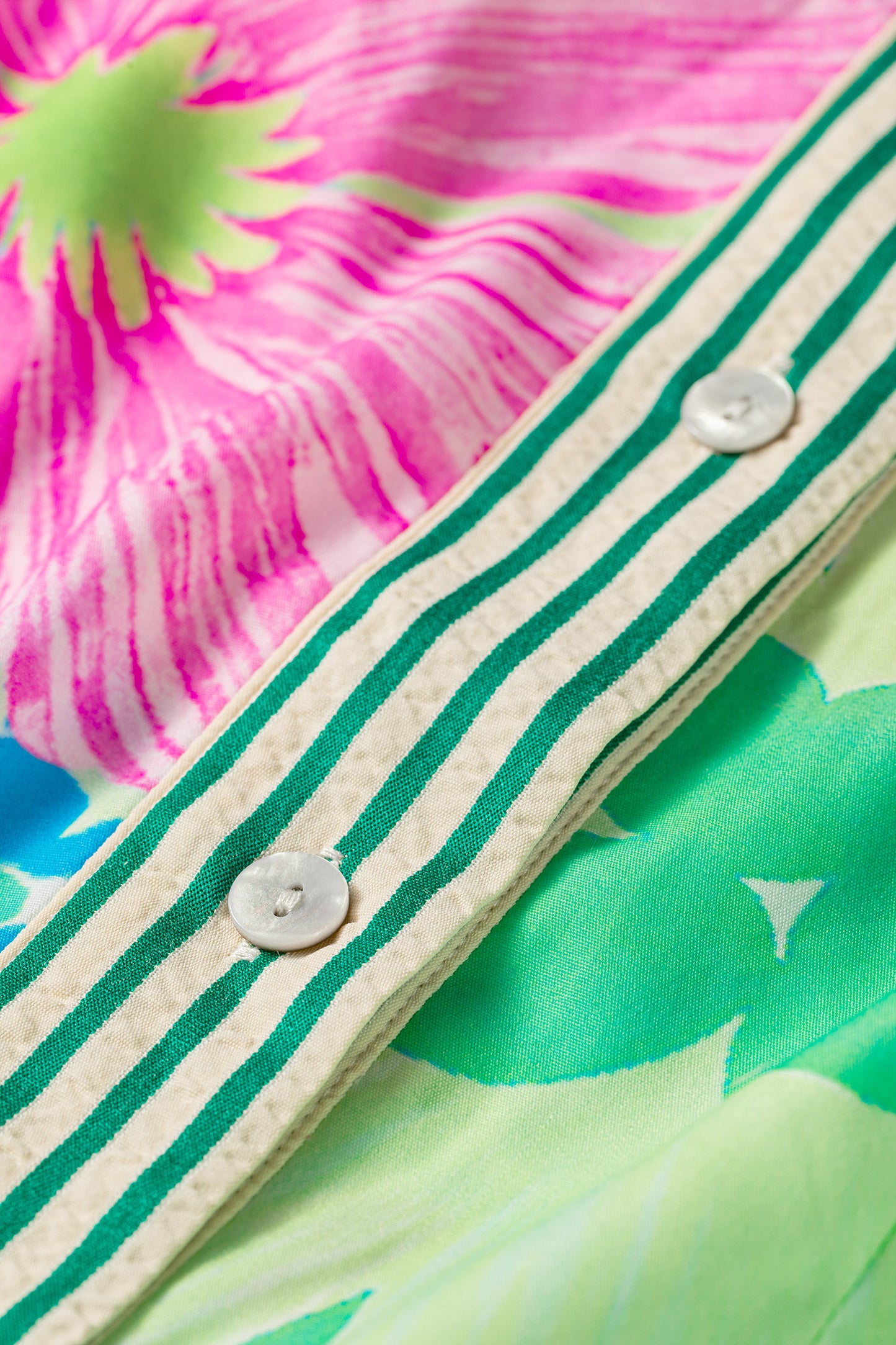 Green Stripe Floral Print Striped Trim Button Down Short Sleeve Vacation Dress-TOPS / DRESSES-[Adult]-[Female]-2022 Online Blue Zone Planet