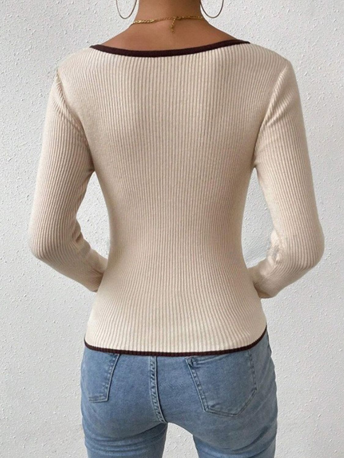 Contrast Trim Long Sleeve Knit Top-TOPS / DRESSES-[Adult]-[Female]-2022 Online Blue Zone Planet