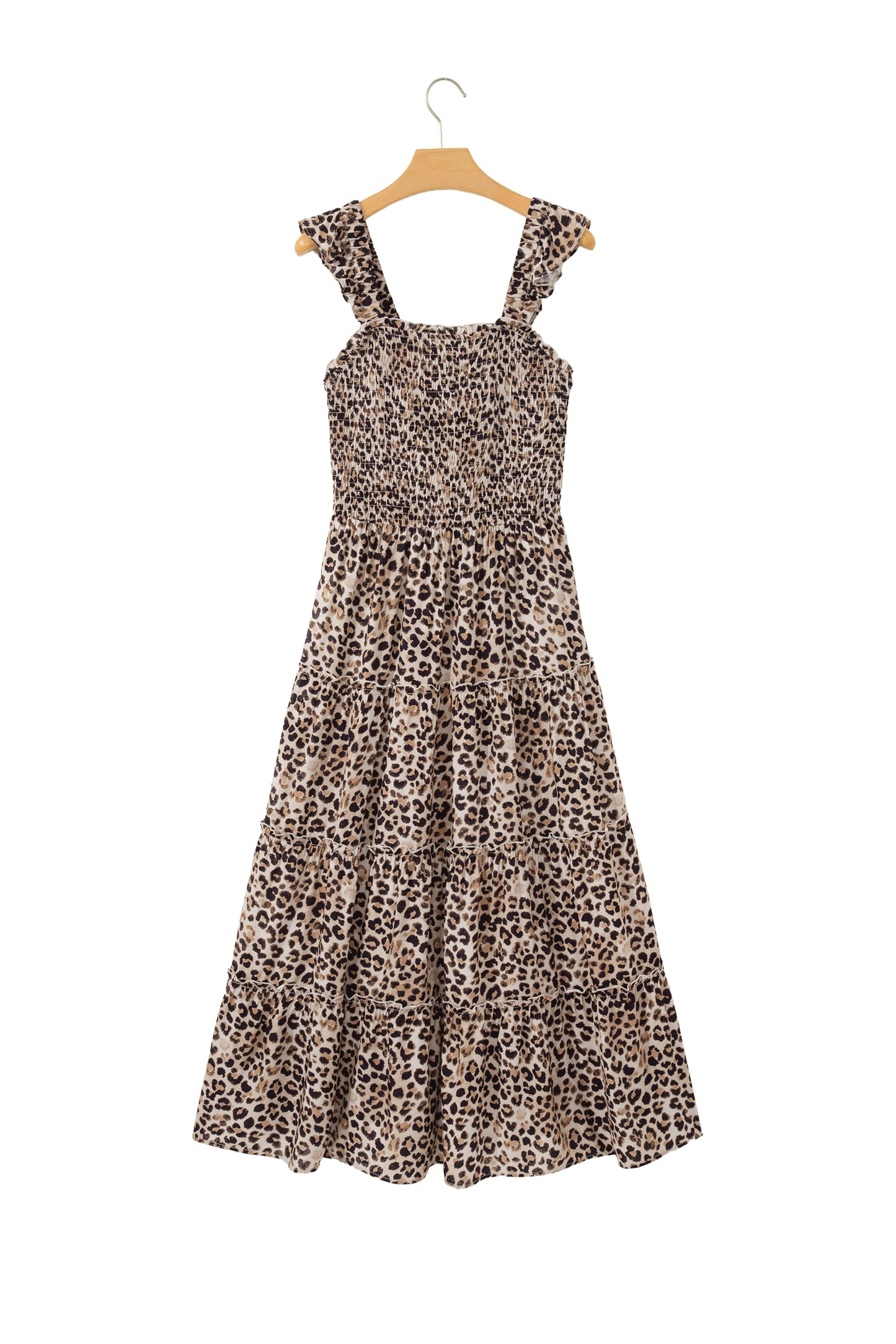 Brown Ruffled Straps Smocked Tiered Leopard Maxi Dress-TOPS / DRESSES-[Adult]-[Female]-2022 Online Blue Zone Planet
