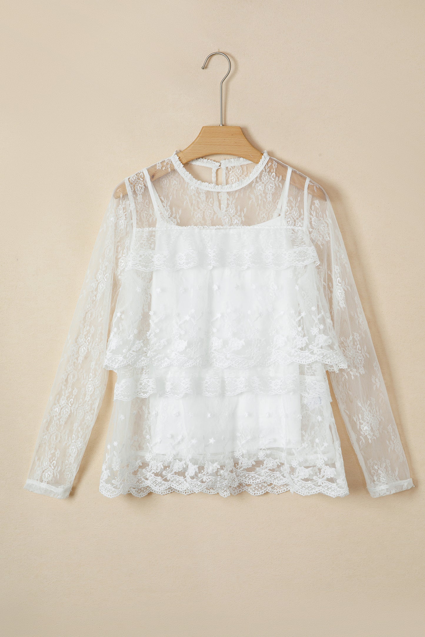 White 2pcs Sheer Floral Lace Ruffle Tiered Patchwork Blouse-Tops/Blouses & Shirts-[Adult]-[Female]-2022 Online Blue Zone Planet
