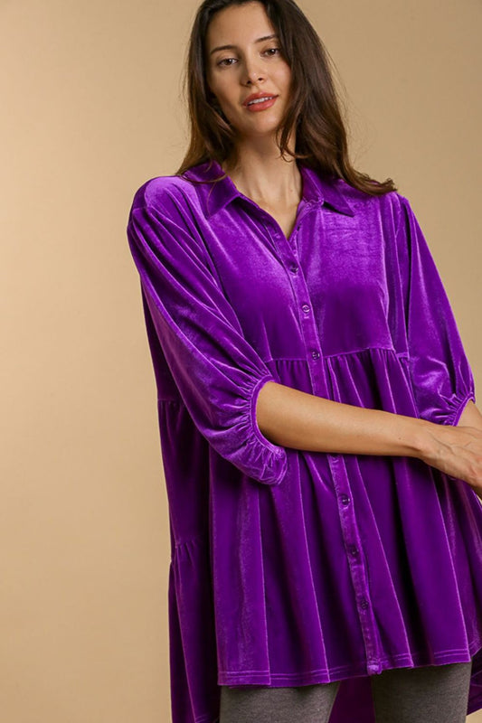 Umgee Full Size Button Down Tiered Back High Low Shirt-TOPS / DRESSES-[Adult]-[Female]-Violet-S-2022 Online Blue Zone Planet