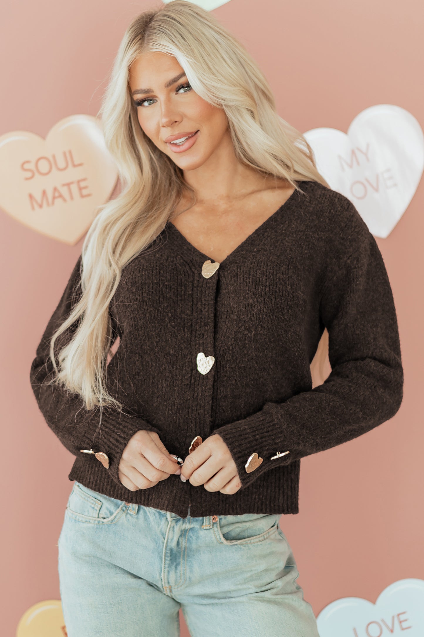 Chicory Coffee Heart Metal Button V Neck Cardigan Sweater-TOPS / DRESSES-[Adult]-[Female]-2022 Online Blue Zone Planet