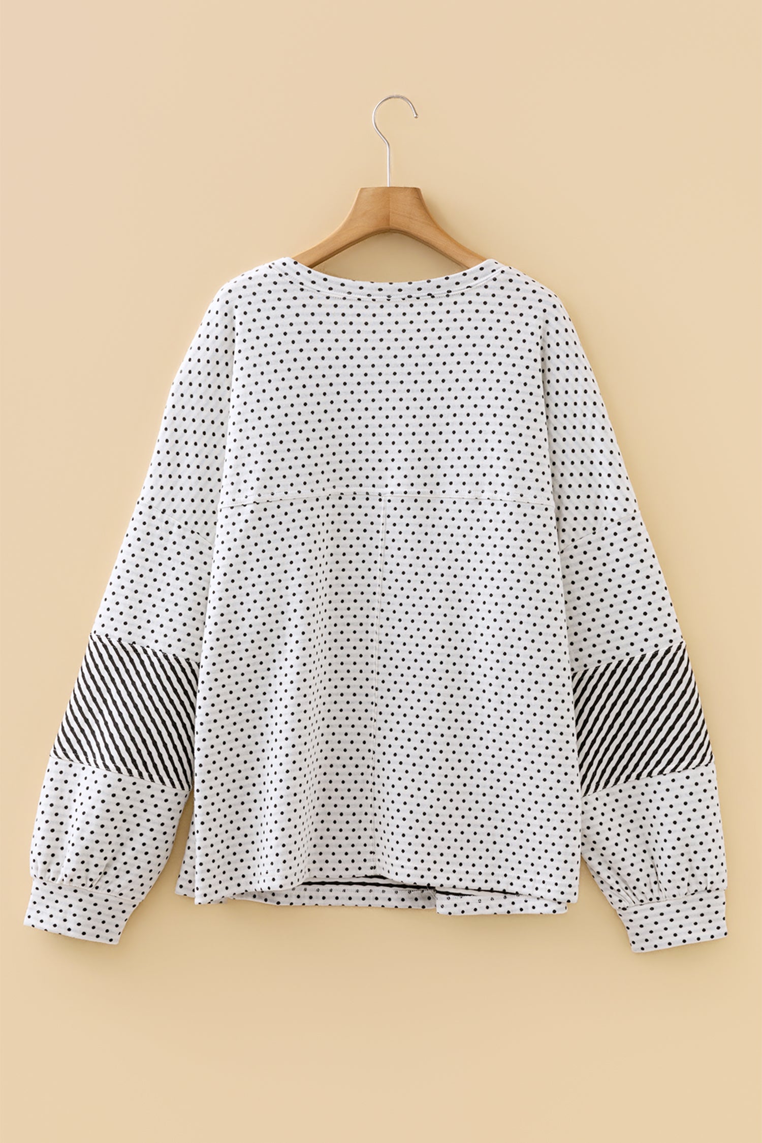 Beige Plus Size Dot Print Striped Patchwork Long Sleeve Henley Top-Plus Size/Plus Size Tops/Plus Size Blouses & Shirts-[Adult]-[Female]-2022 Online Blue Zone Planet