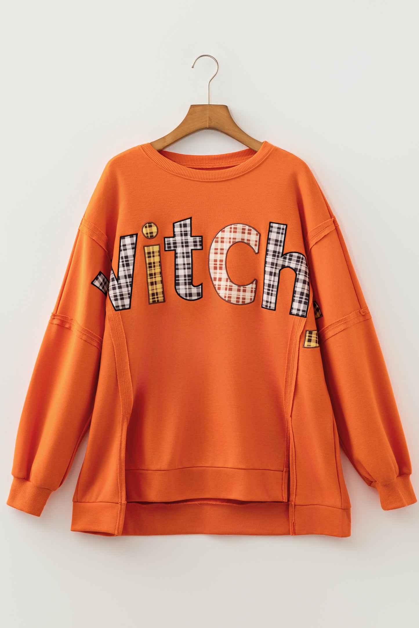 Flamingo Halloween Witchy Plaid Slogan Embroidered Patch Tunic Sweatshirt-Tops/Long Sleeve Tops-[Adult]-[Female]-2022 Online Blue Zone Planet
