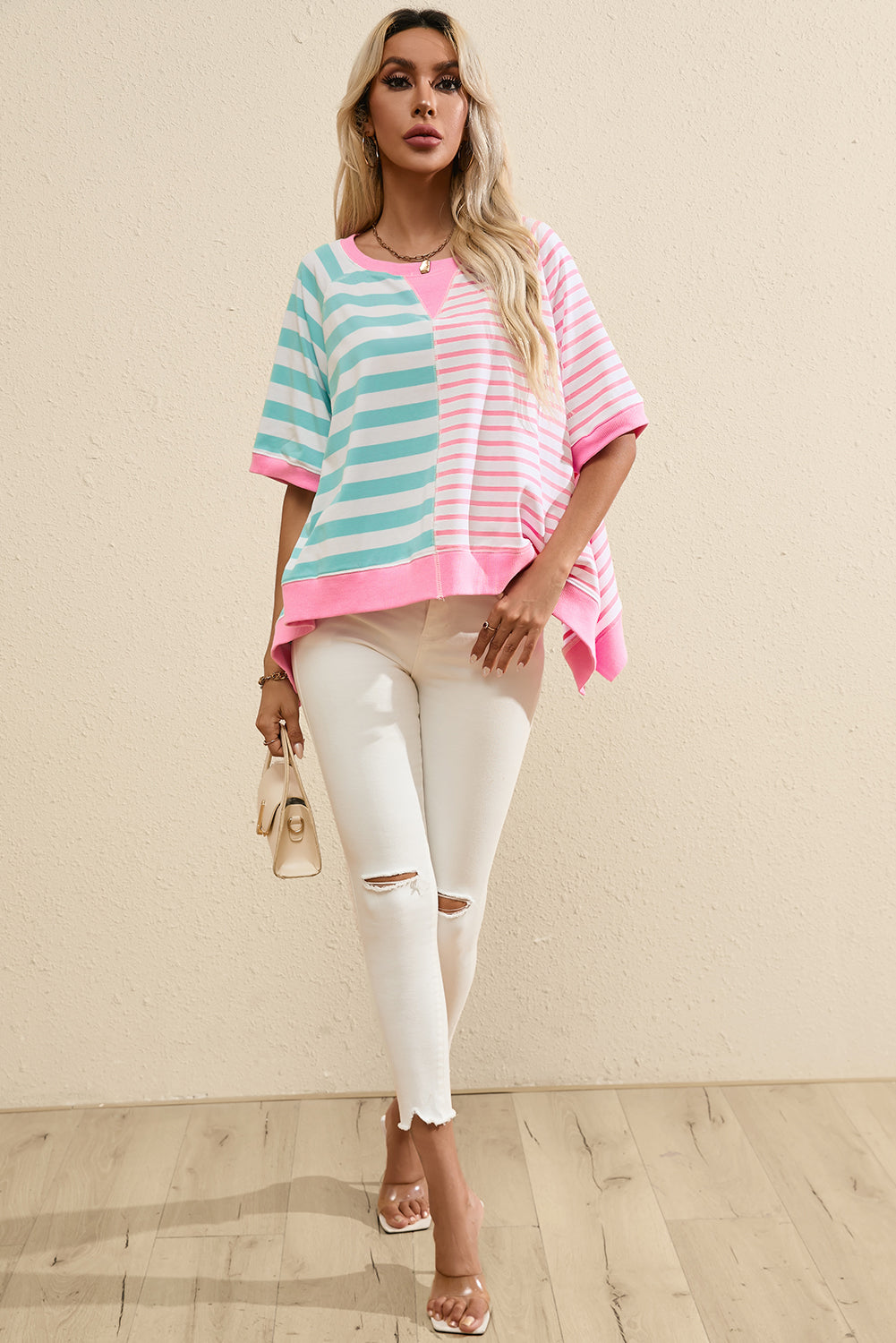 Pink Stripe Contrast Patchwork Oversized T Shirt-Tops/Tops & Tees-[Adult]-[Female]-2022 Online Blue Zone Planet