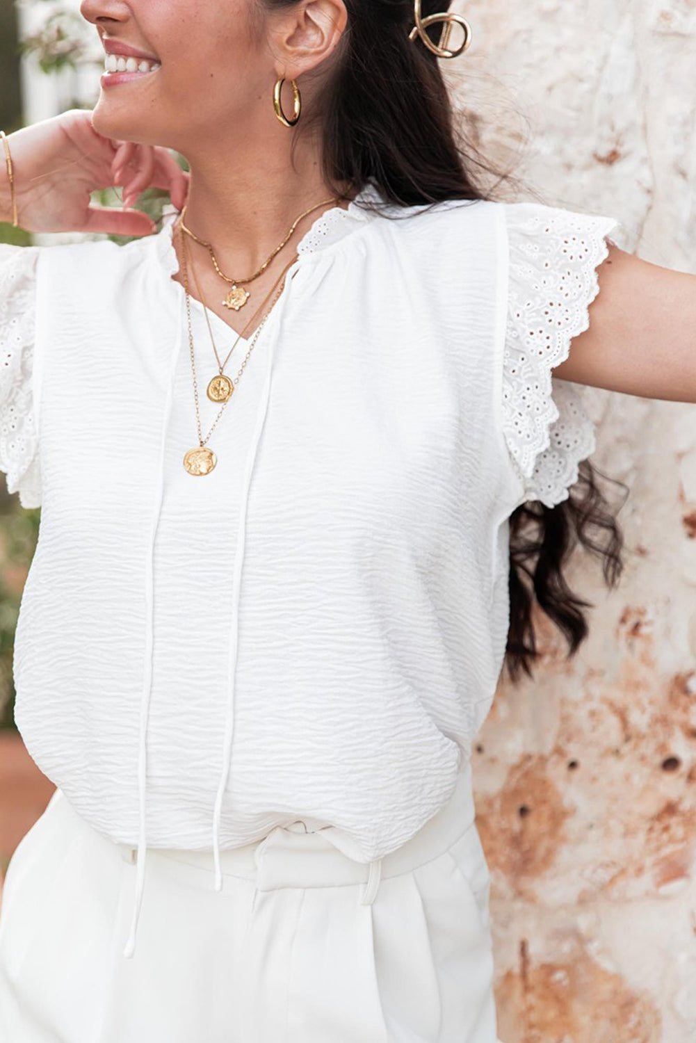 White Embroidered Ruffle Trim Textured Blouse-Tops/Blouses & Shirts-[Adult]-[Female]-2022 Online Blue Zone Planet