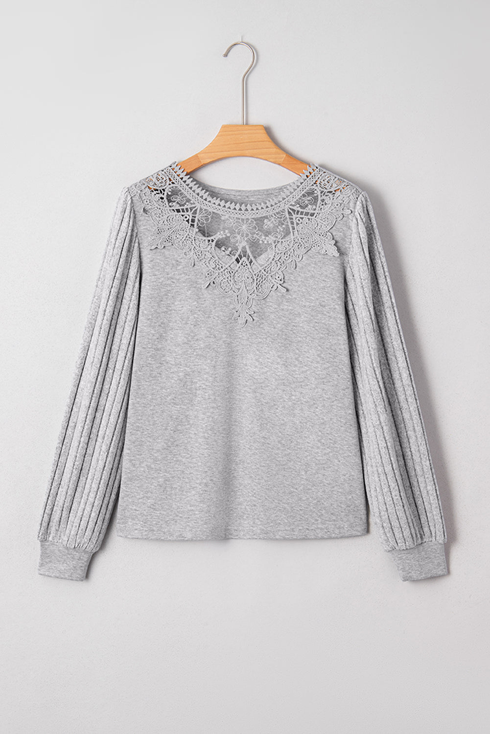 Gray Hollowed Lace Ribbed Knit Long Sleeve Patchwork Top-Tops/Long Sleeve Tops-[Adult]-[Female]-2022 Online Blue Zone Planet