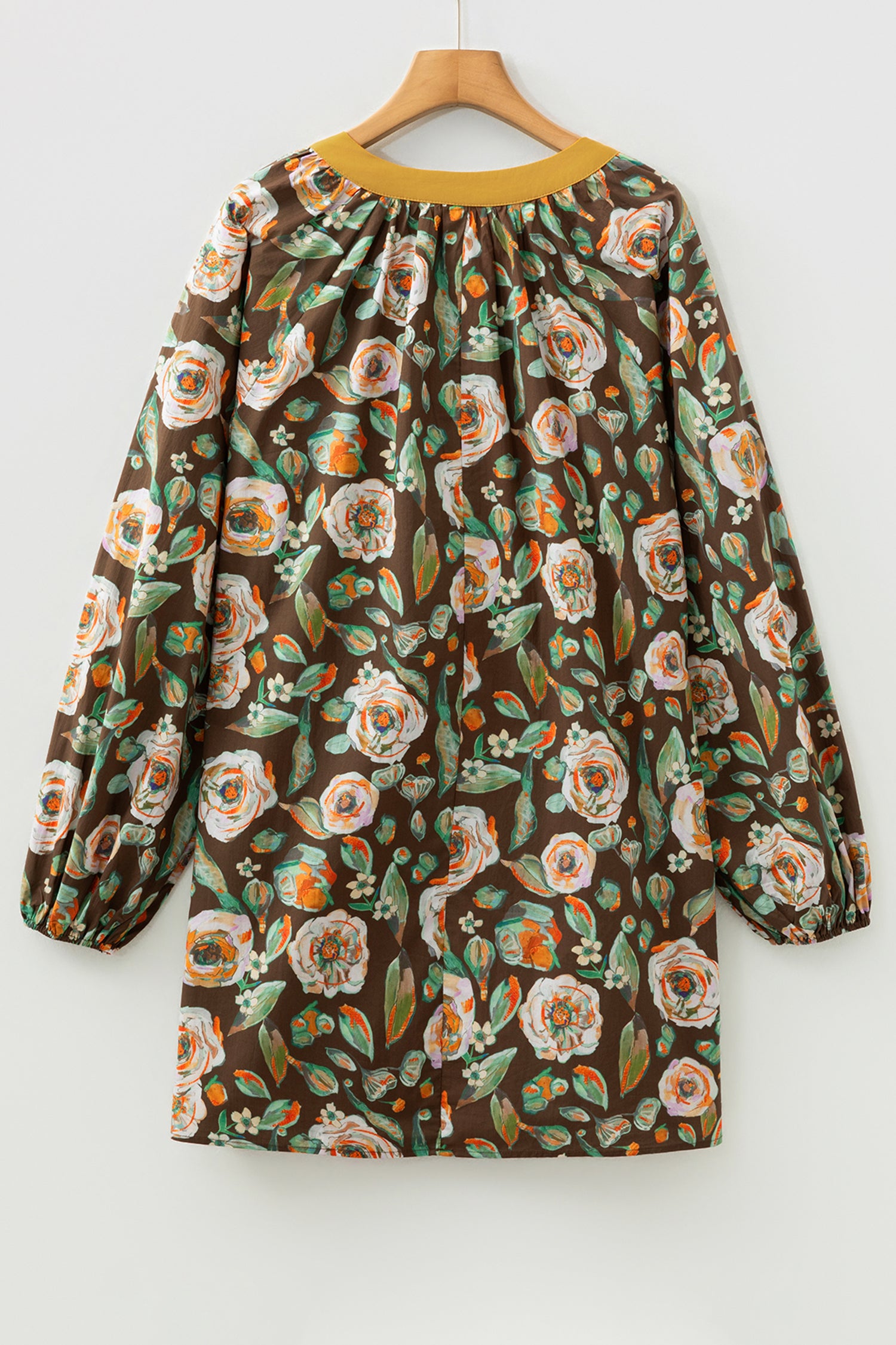 Brown Floral Print Contrast Trim V Neck Pocketed Long Sleeve Mini Dress-TOPS / DRESSES-[Adult]-[Female]-2022 Online Blue Zone Planet