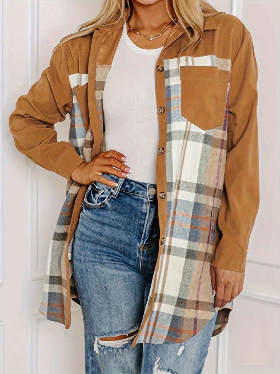 Plaid Collared Neck Long Sleeve Jacket-TOPS / DRESSES-[Adult]-[Female]-2022 Online Blue Zone Planet