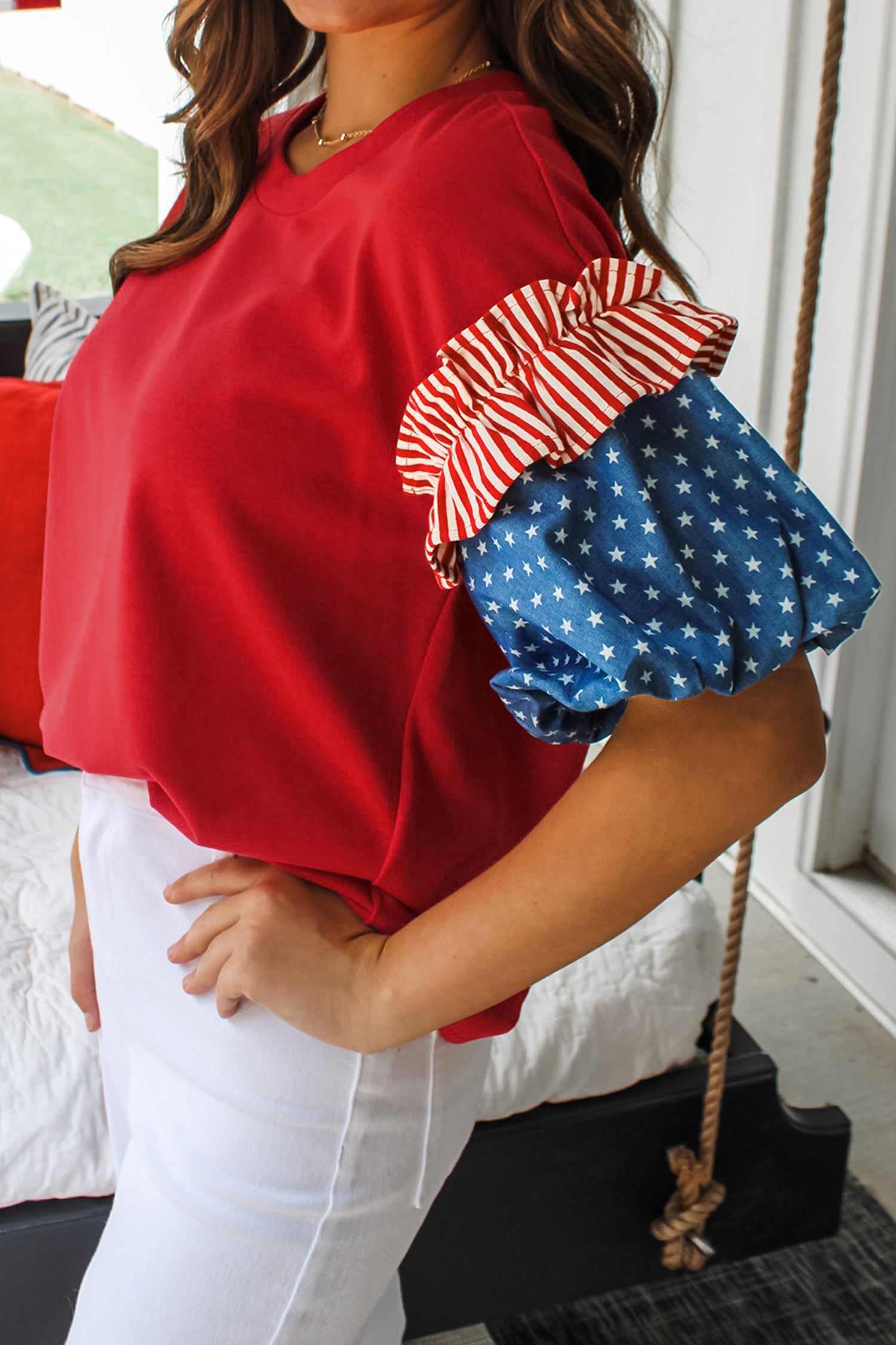 Fiery Red Plus Size Striped Ruffles Star Short Bubble Sleeve Patchwork Top-Plus Size/Plus Size Tops/Plus Size Tops & Tees-[Adult]-[Female]-2022 Online Blue Zone Planet