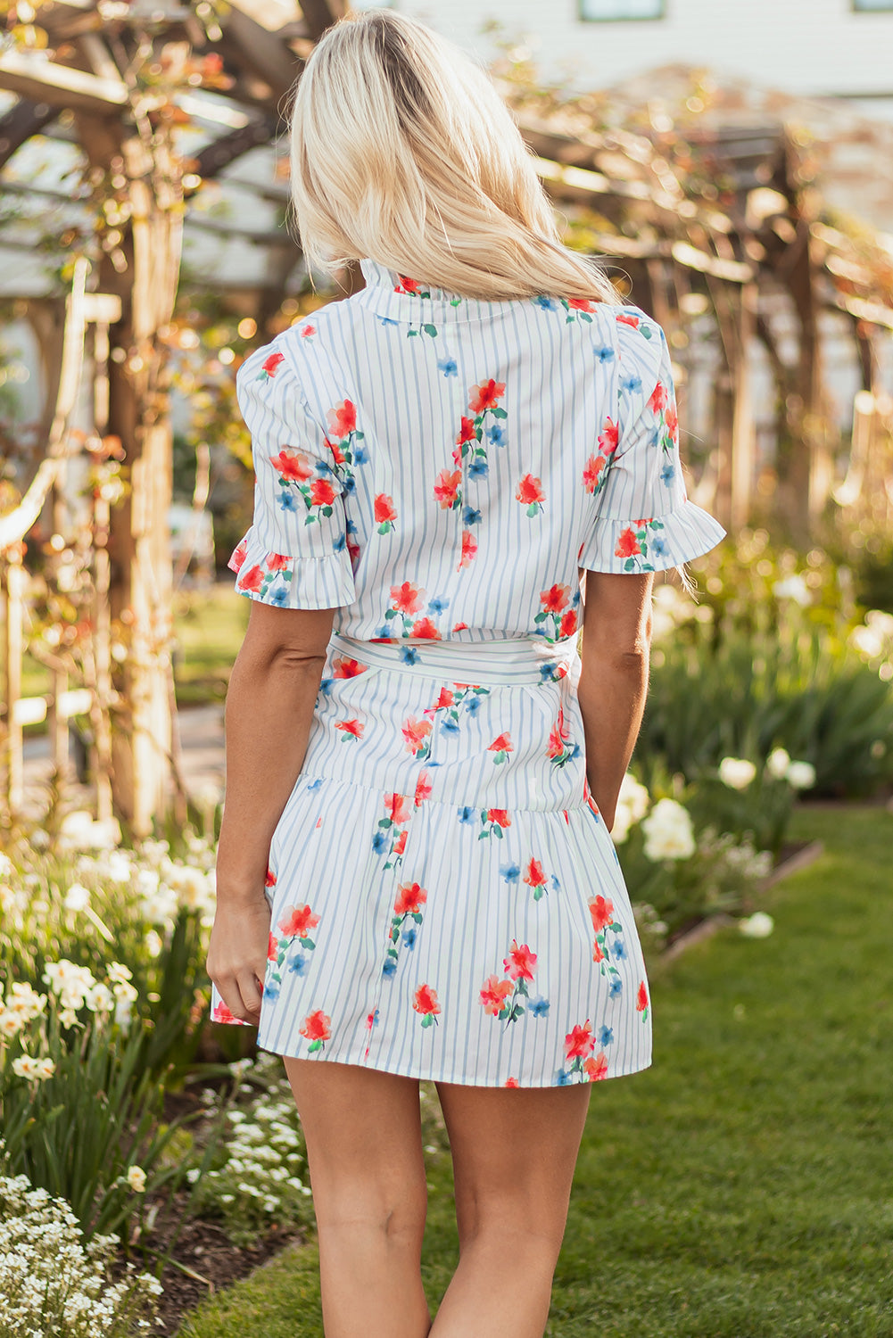 Sky Blue Stripe Floral Pattern Ruffle Short Sleeve Belted Mini Dress-TOPS / DRESSES-[Adult]-[Female]-2022 Online Blue Zone Planet