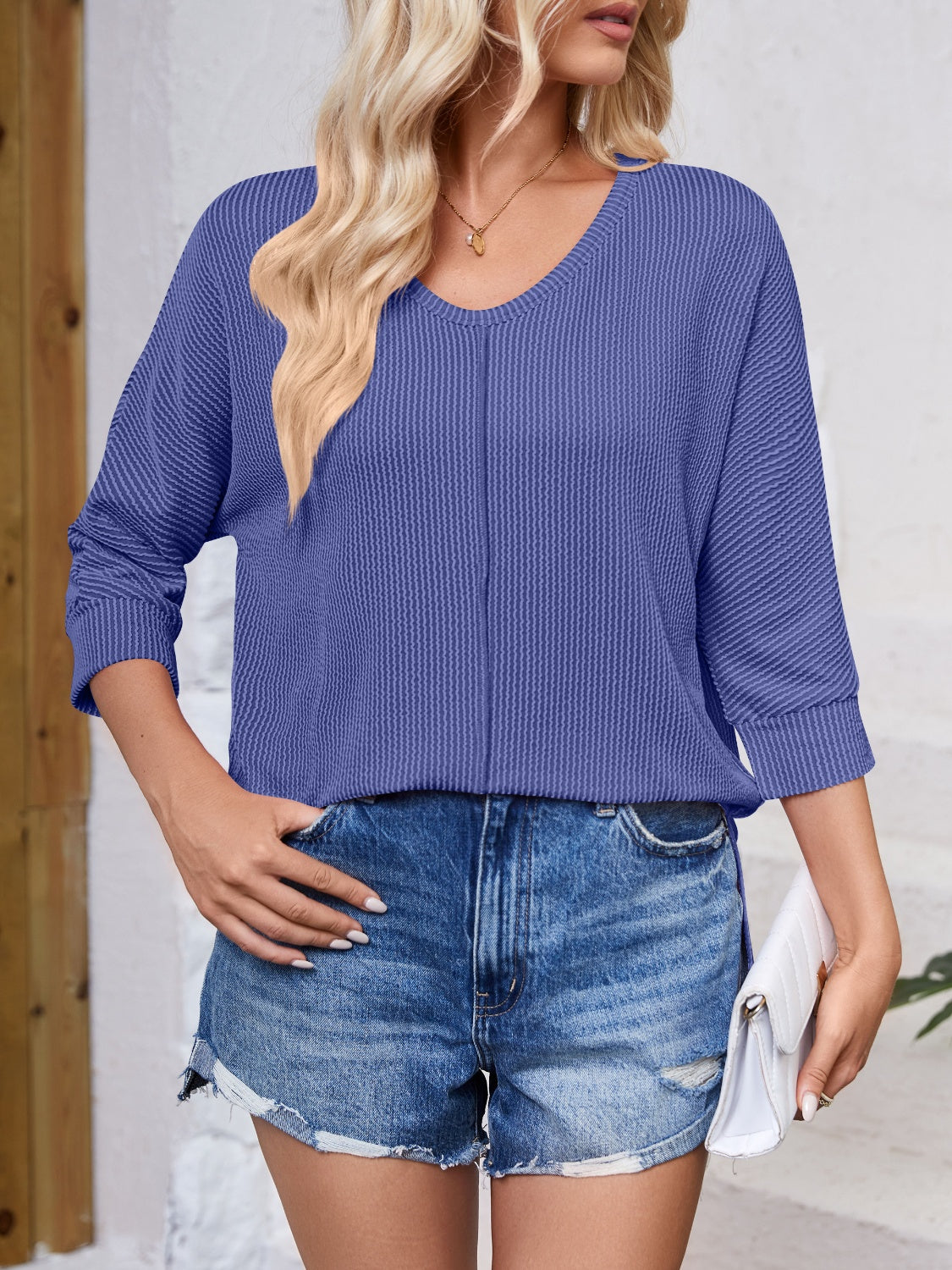 Lovelet Textured Round Neck Three-Quarter Sleeve Blouse-TOPS / DRESSES-[Adult]-[Female]-2022 Online Blue Zone Planet