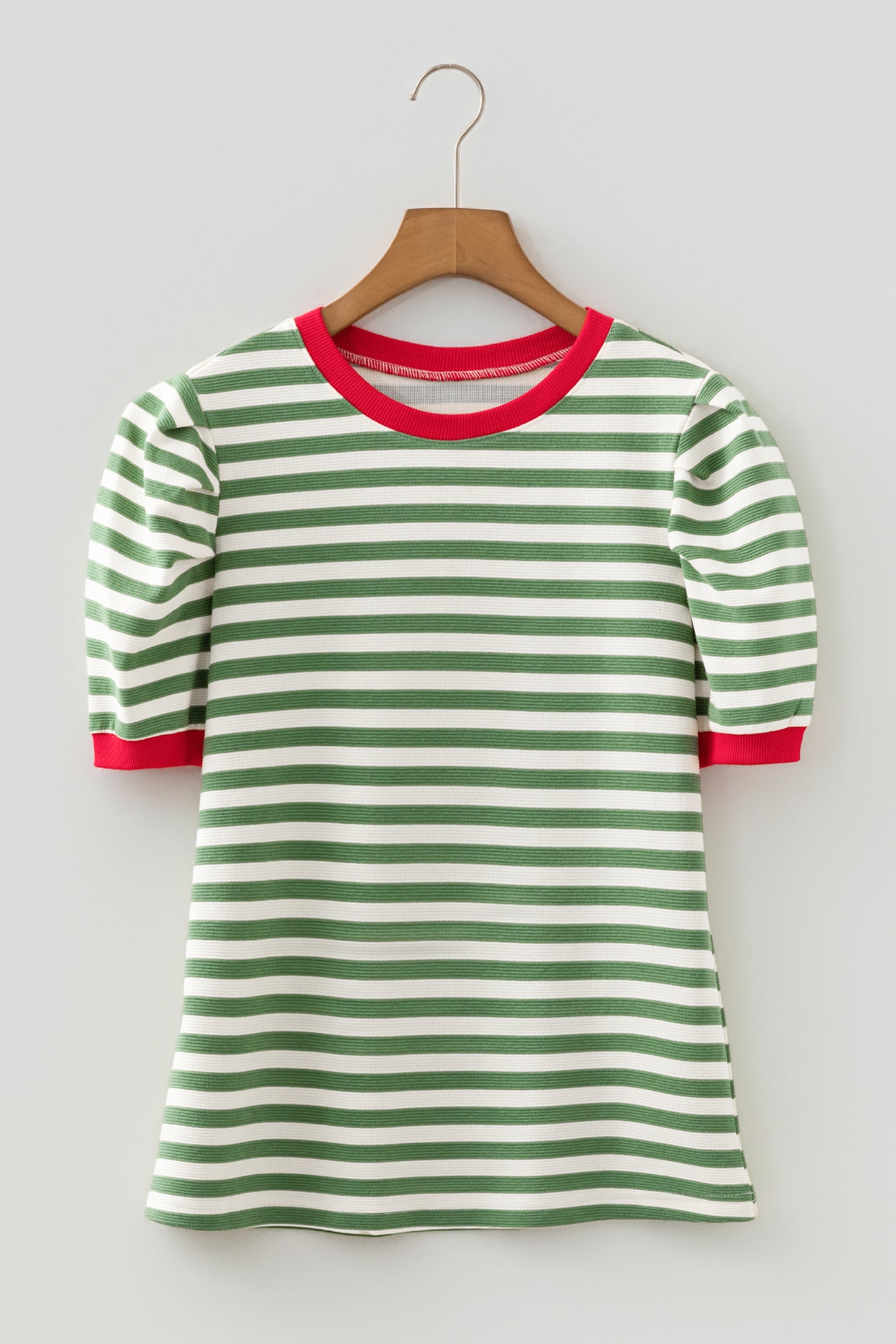 Green Stripe Short Puff Sleeve Contrast Trim Round Neck Tee-Tops/Tops & Tees-[Adult]-[Female]-2022 Online Blue Zone Planet