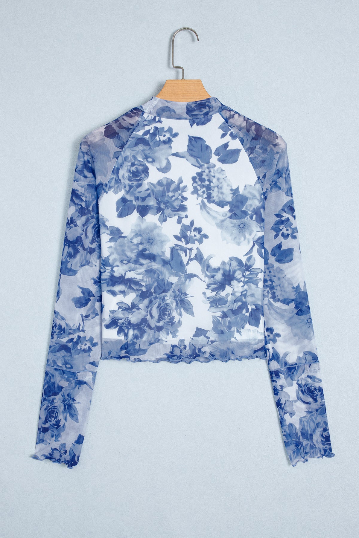 Sky Blue Floral Print Long Sleeve Stand Neck Mesh Top-Tops/Long Sleeve Tops-[Adult]-[Female]-2022 Online Blue Zone Planet