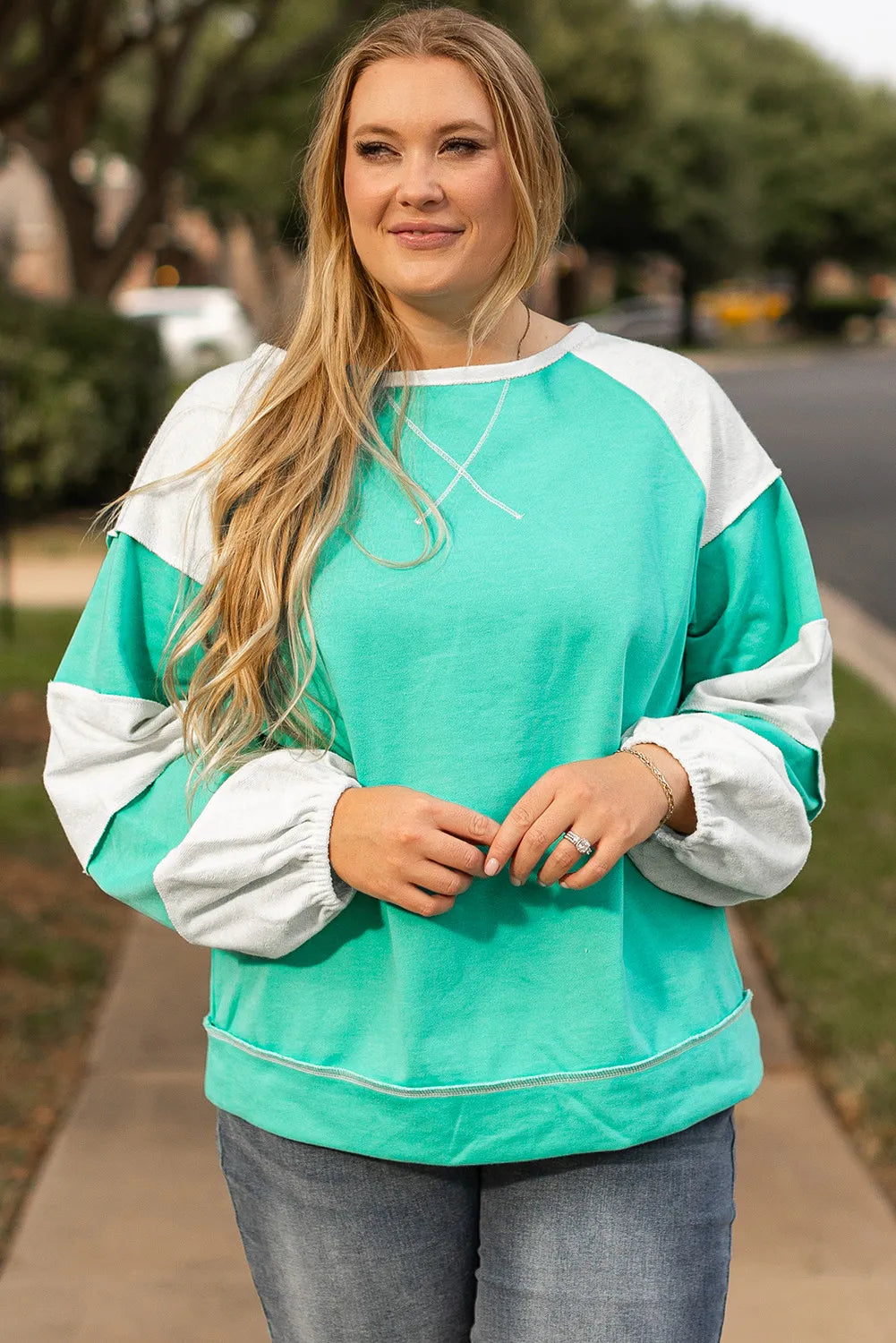 Plus Size Exposed Seam Color Block Long Sleeve Sweatshirt-TOPS / DRESSES-[Adult]-[Female]-2022 Online Blue Zone Planet