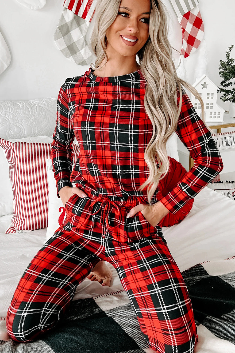 Red Festive Plaid Print Round Neck Long Sleeve and Pants 2 Piece Lounge Set-Loungewear & Sleepwear/Loungewear-[Adult]-[Female]-2022 Online Blue Zone Planet