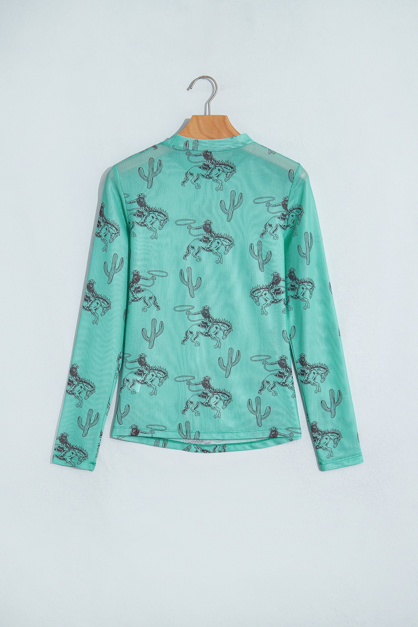 Aruba Blue Western Print High Neck Long Sleeve Sheath Mesh Top-Tops/Long Sleeve Tops-[Adult]-[Female]-2022 Online Blue Zone Planet