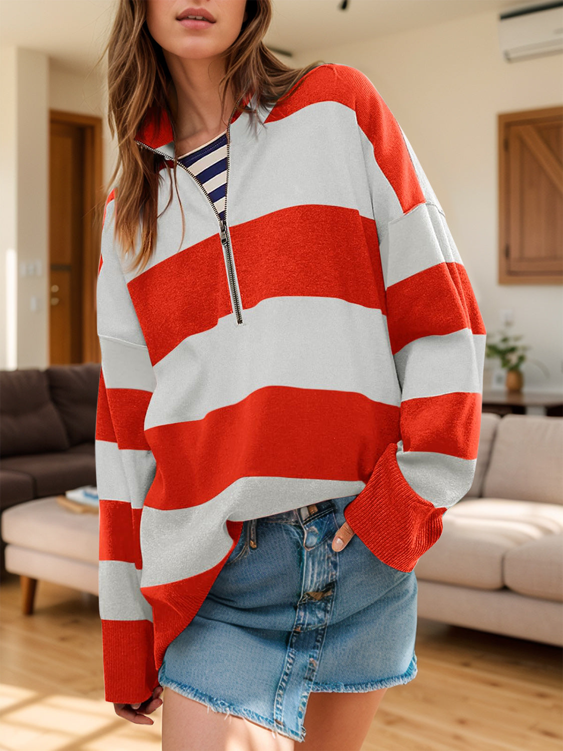 Color Block Half Zip Long Sleeve Sweater-TOPS / DRESSES-[Adult]-[Female]-Orange-Red-S-2022 Online Blue Zone Planet