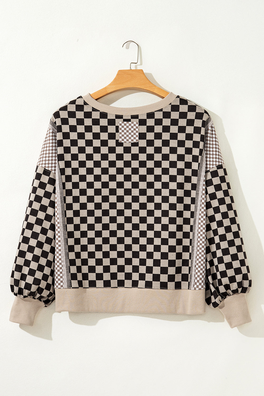Khaki Mixed Checkered Pattern Patchwork High Low Casual Top-Tops/Long Sleeve Tops-[Adult]-[Female]-2022 Online Blue Zone Planet