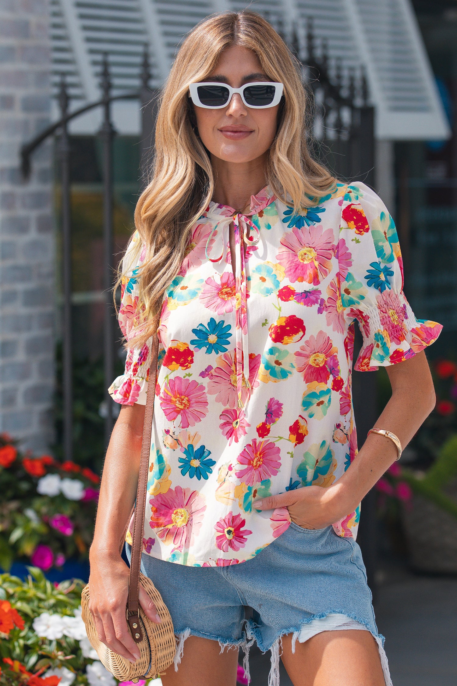 Beige Vibrant Summer Floral Tie V Neck Short Puff Sleeve Blouse-Tops/Blouses & Shirts-[Adult]-[Female]-2022 Online Blue Zone Planet