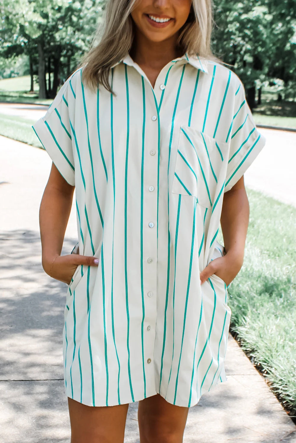 Blue Zone Planet | Mint Green Striped Pocket Short Sleeve Mini Dress-TOPS / DRESSES-[Adult]-[Female]-Mint Green-S-2022 Online Blue Zone Planet