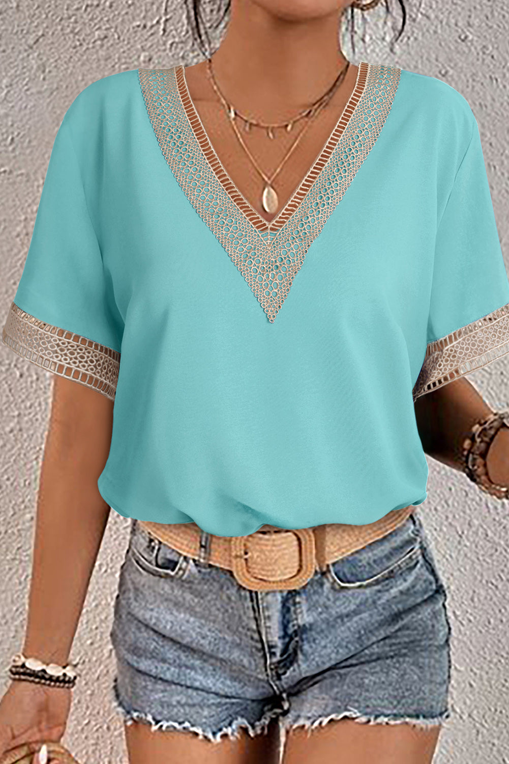 Green Lace Trim V Neck Short Sleeve Blouse-Tops/Blouses & Shirts-[Adult]-[Female]-Green-2-S-2022 Online Blue Zone Planet