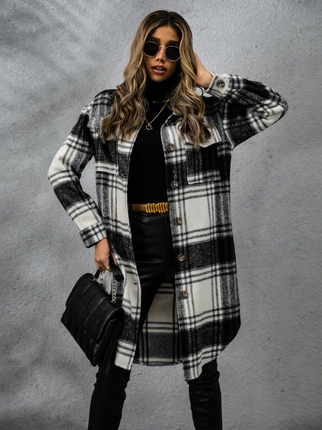 Plaid Collared Neck Long Sleeve Coat-TOPS / DRESSES-[Adult]-[Female]-2022 Online Blue Zone Planet