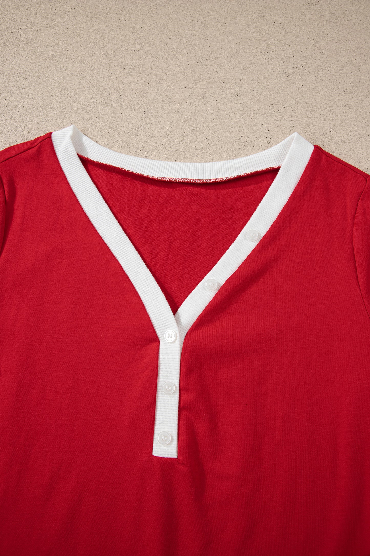 Fiery Red Contrast Trim Button V Neck Ribbon Bow Knot Waist 2pcs Lounge Pant Set-Loungewear & Sleepwear/Loungewear-[Adult]-[Female]-2022 Online Blue Zone Planet